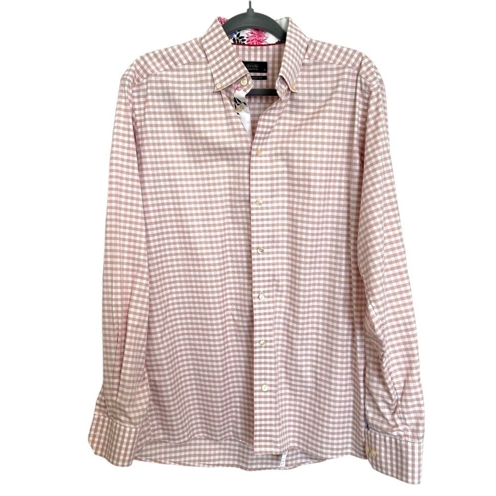 Eton Luxury Long Sleeve Men’s Contemporary Dress Shirt Pink & Tan Checked 41/16